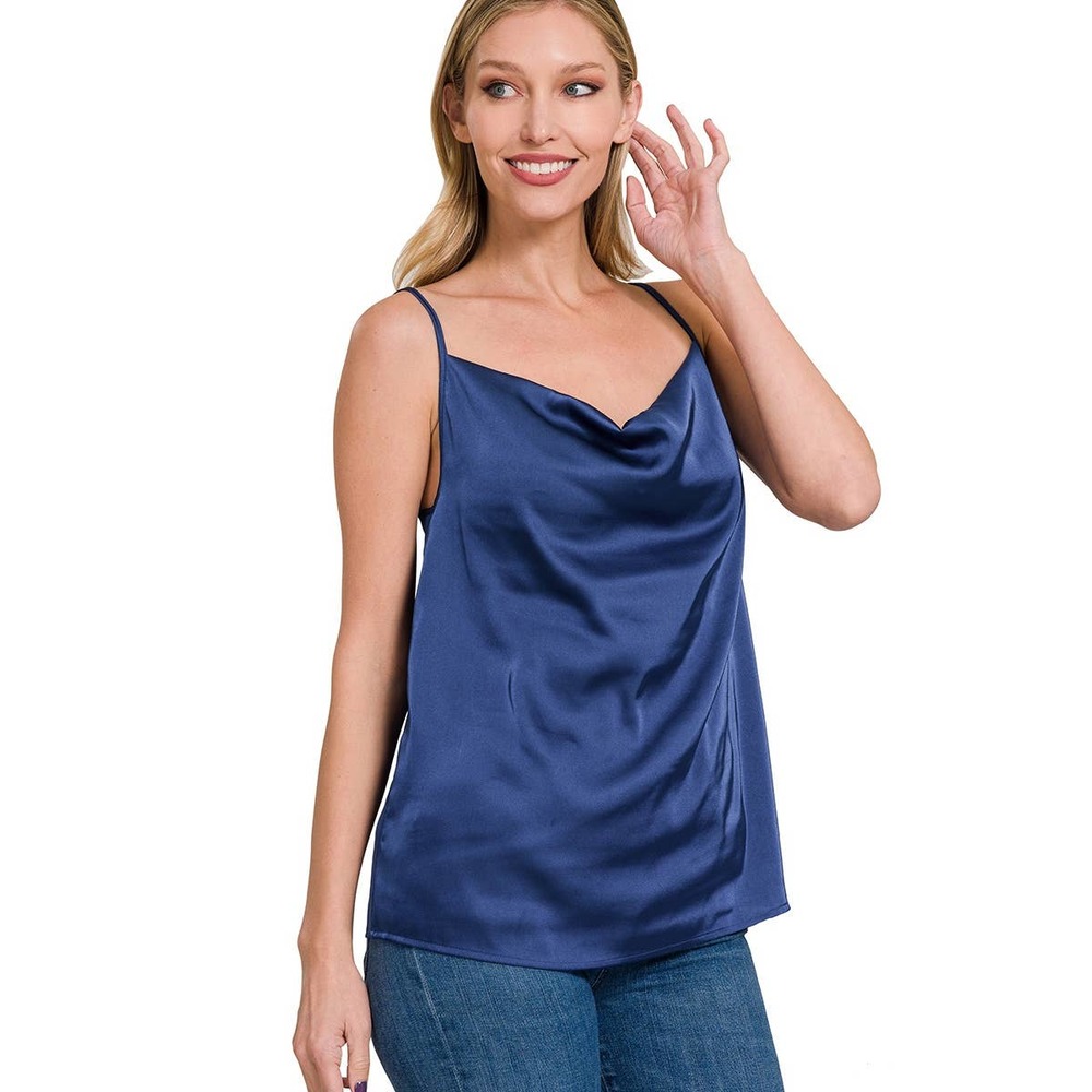 ZENANA WOMEN'S SATIN CHARMEUSE COWL NECK CAMI TOP NAVY BLUE NWT